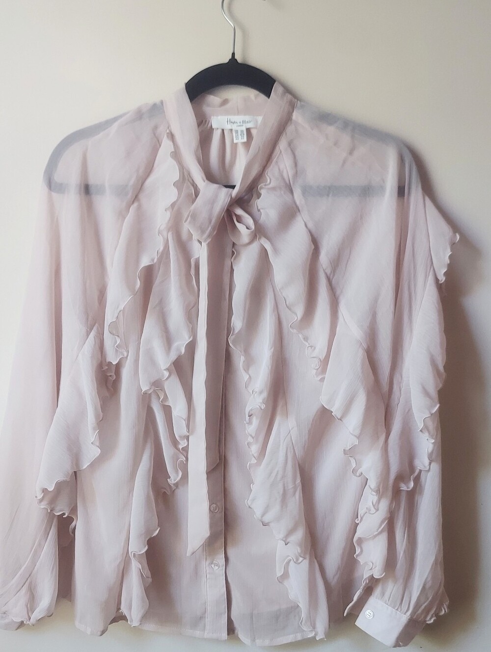 Haven & Blair Sheer Ruffle Tie-Neck Blouse Blush/Beige EUC XS